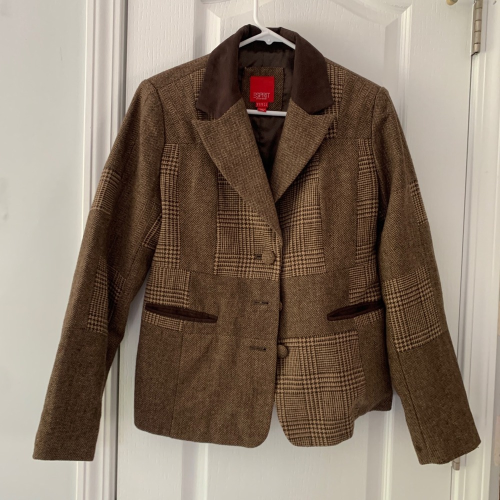 Esprit Brown Patchwork Wool Blend Blazer Elbow Patches Small Dark Academia